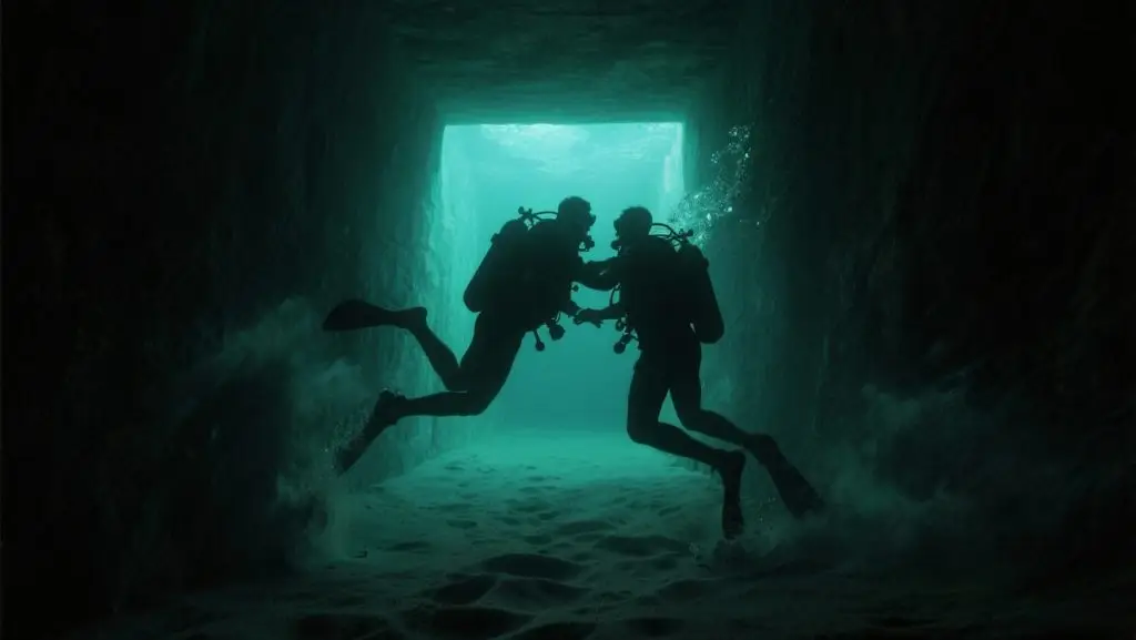 two commercial diver tumble in the darkness approaching the end of an underwater tunnel.